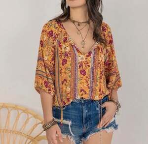 Rusttydustty Boho Floral Viscose Tassel Tie Blouse